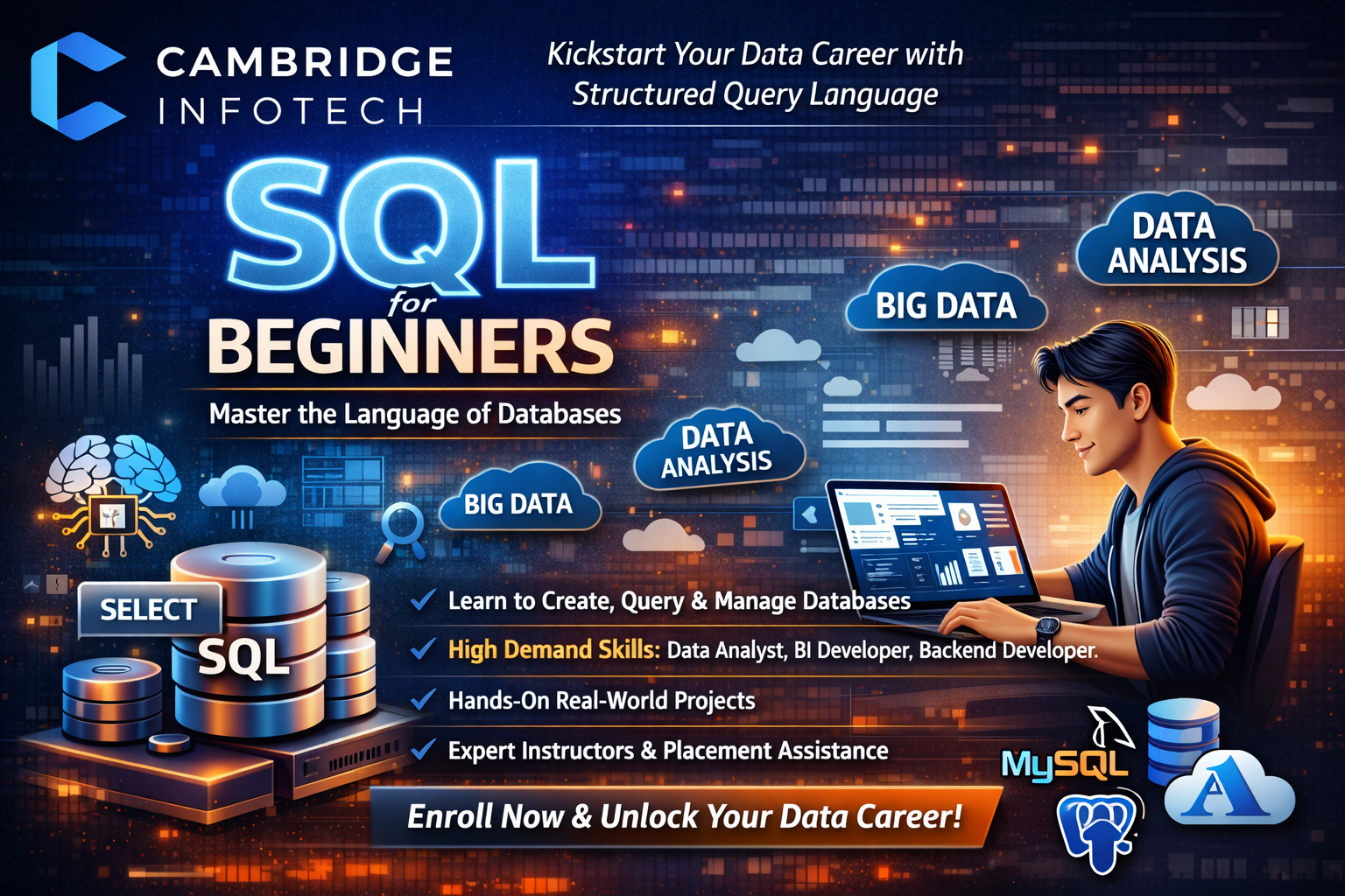 SQL for Beginners course banner by Cambridge Infotech showing database icons, SQL query visuals, and a student learning data analysis with modern technology theme.