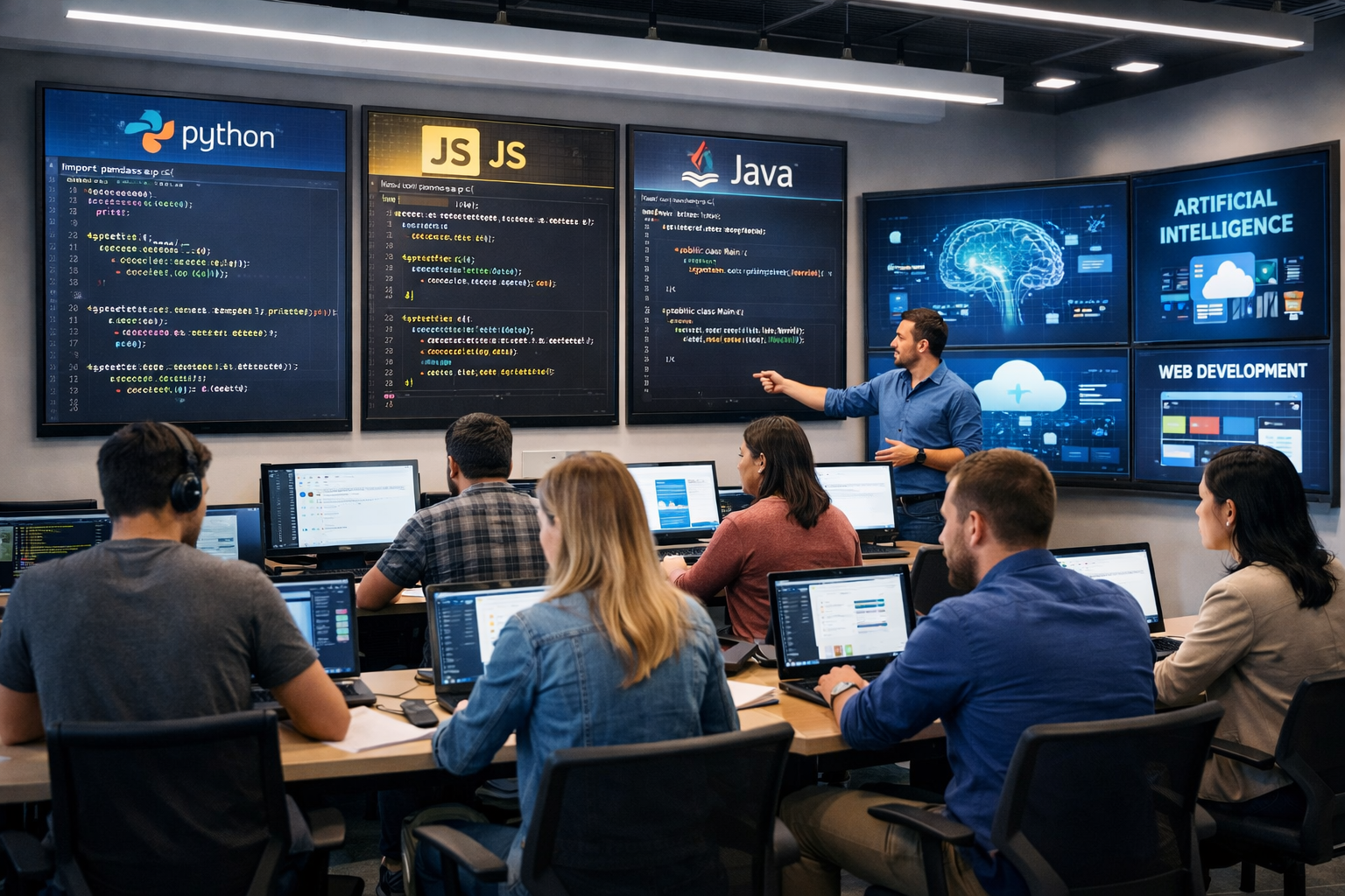 Students learning programming languages at Cambridge Infotech in a modern classroom with coding and technology visuals on digital screens