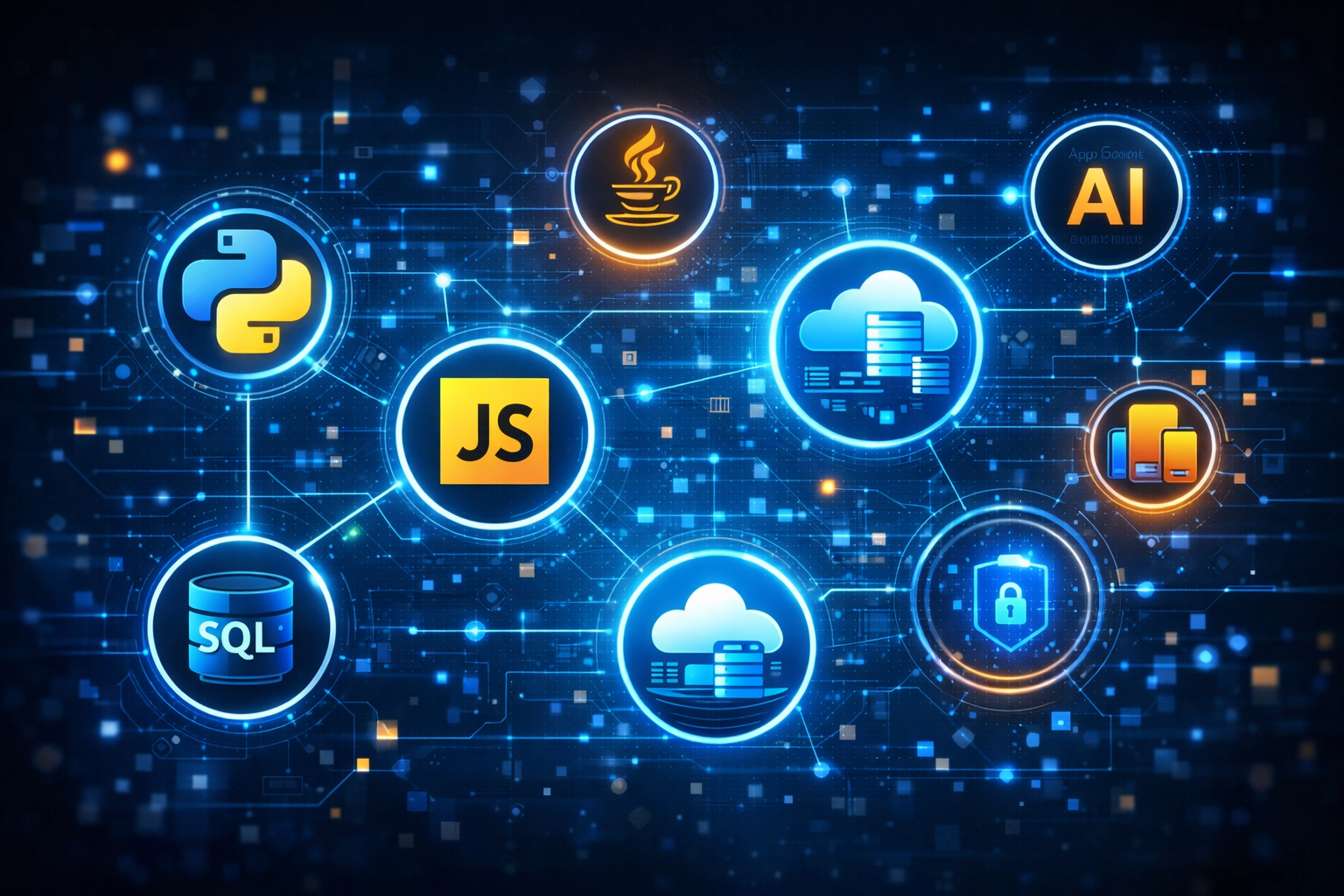Visual representation of popular programming languages and technology domains like AI, cloud computing, and cybersecurity