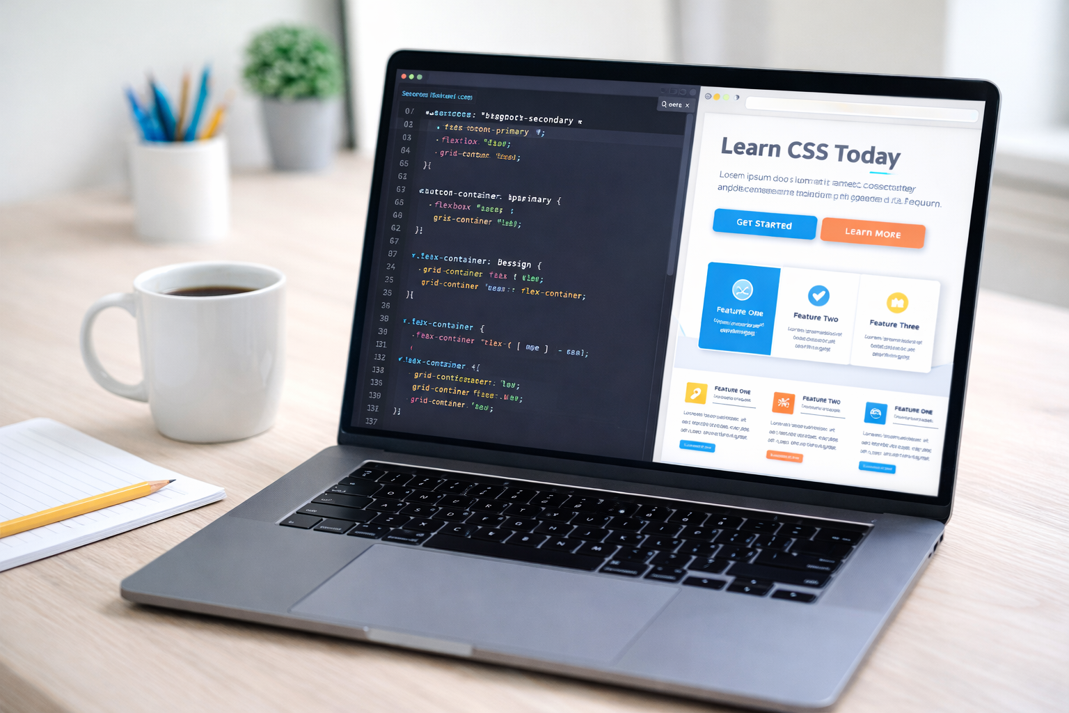 A modern workspace showing a laptop with CSS code and a responsive website design preview for beginners learning CSS