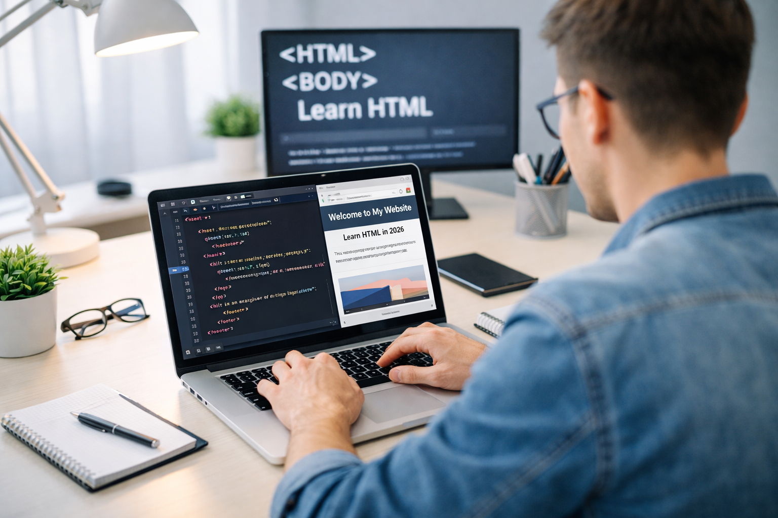 Beginner learning HTML tutorial for beginners in 2026 using a laptop with HTML code and live browser preview.