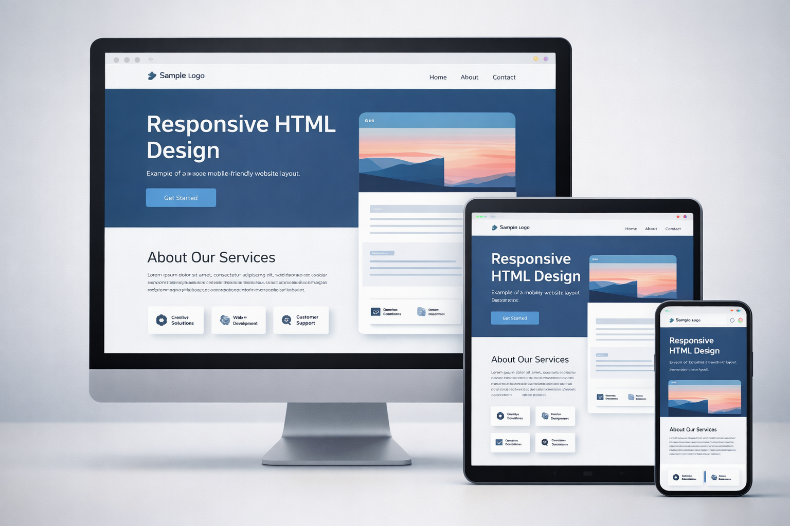 Responsive HTML design example showing website layout on desktop, tablet, and mobile devices.