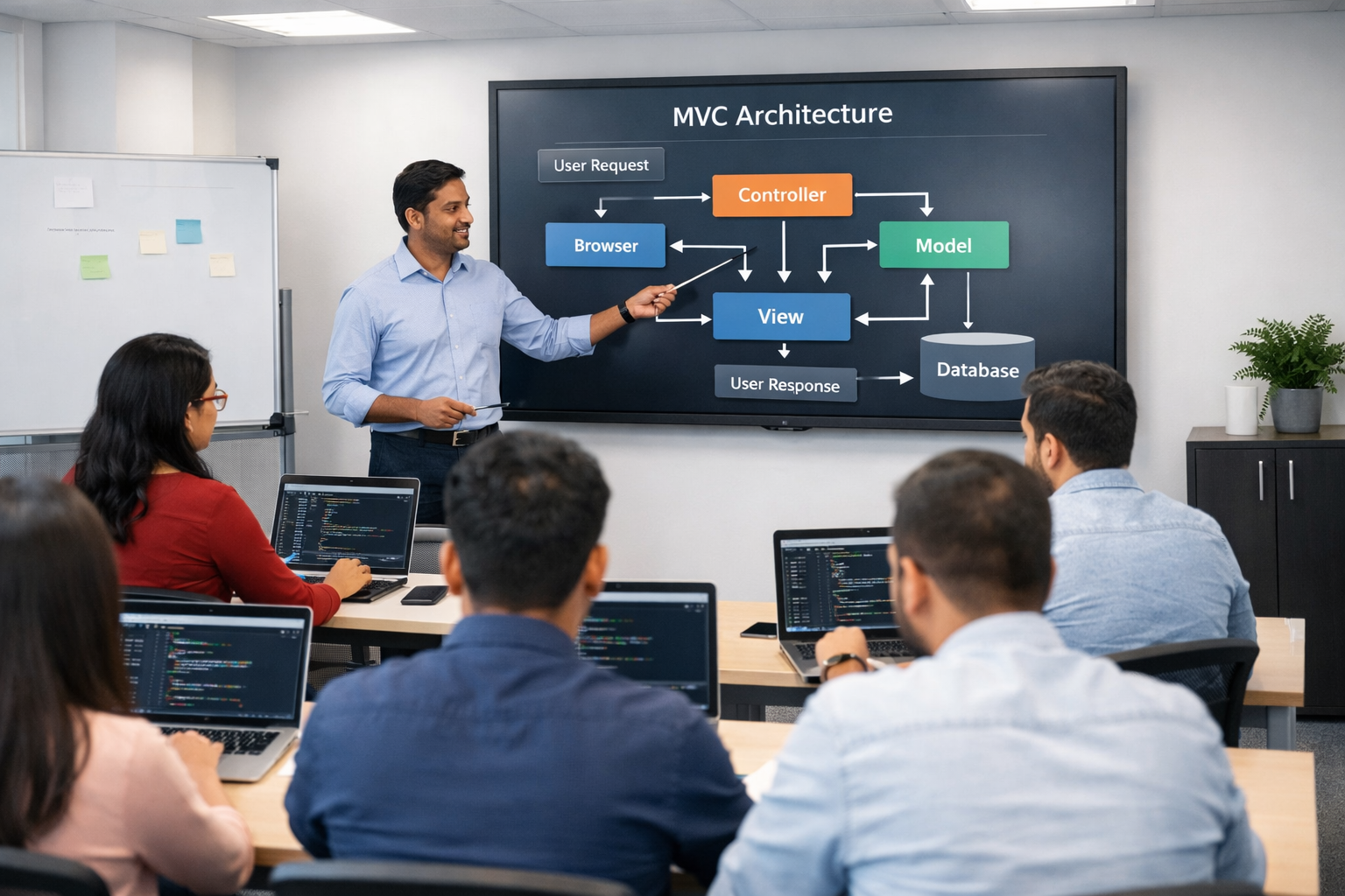 Students attending a corporate training session on the Rails framework in a modern classroom environment