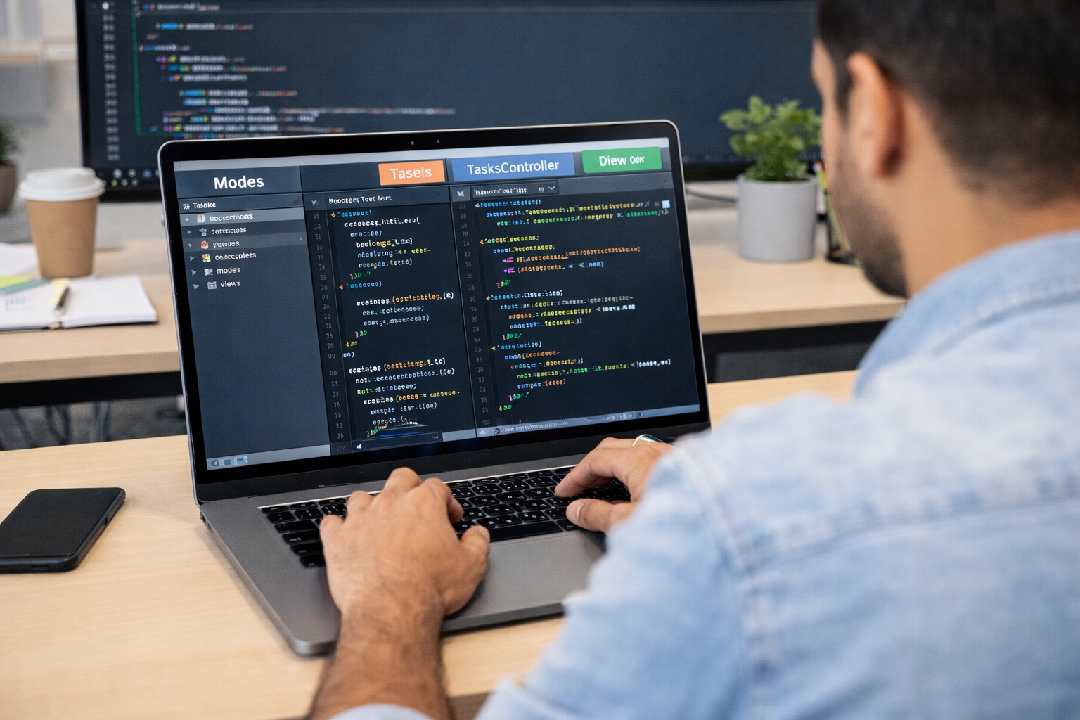 Developer building a web application using the Rails framework with MVC architecture.