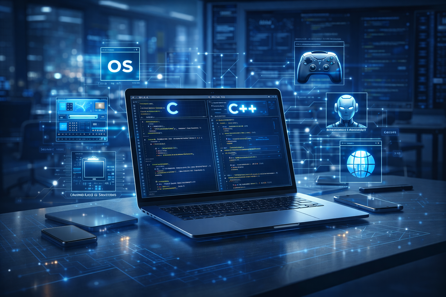 Real-world applications of C vs C++ including operating systems, embedded systems, game development, and software engineering.