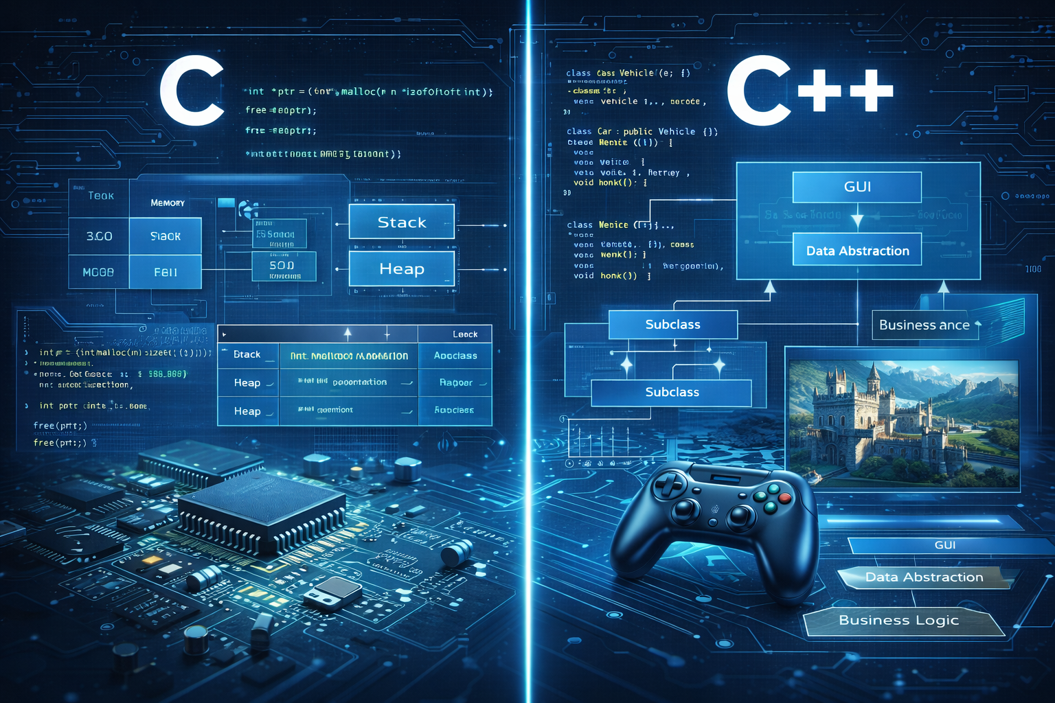 Visual comparison of C vs C++ programming showing system-level coding on one side and object-oriented development on the other.