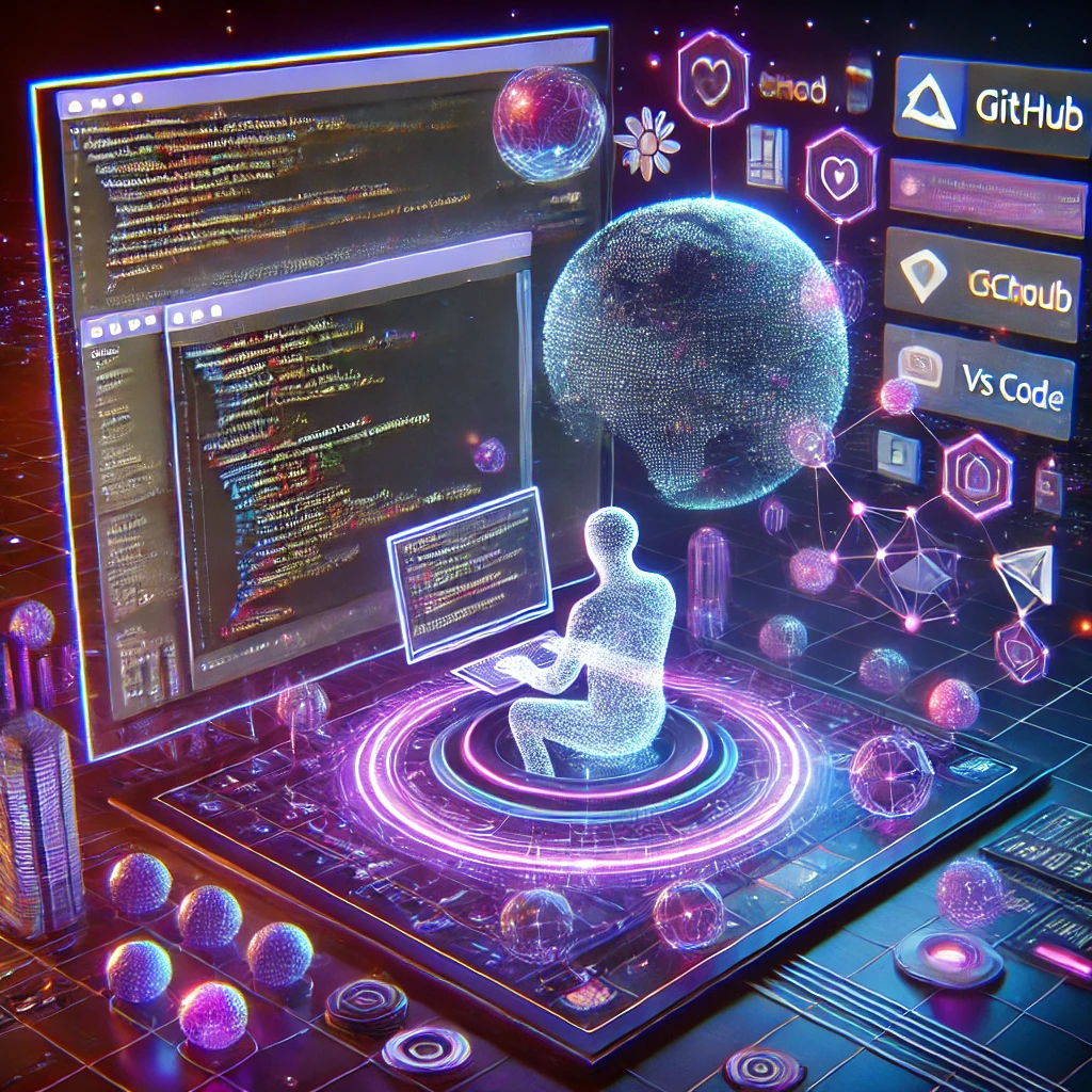 DALL·E 2025 02 20 13.56.27 A futuristic web developers studio with a floating holographic workstation. The interface displays animated code snippets interactive wireframes an