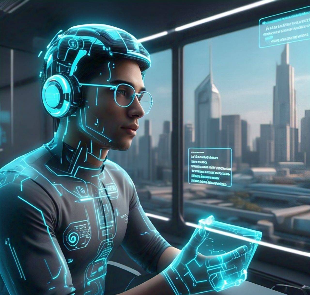 "A futuristic AI-powered virtual assistant chatting with a human, featuring a glowing digital interface and holographic text responses." 