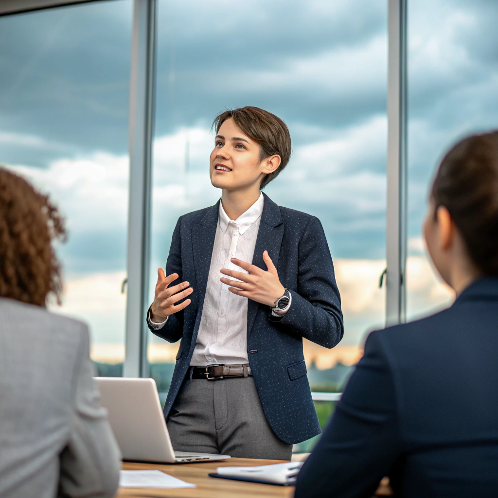 a young professional confidently speaking during a