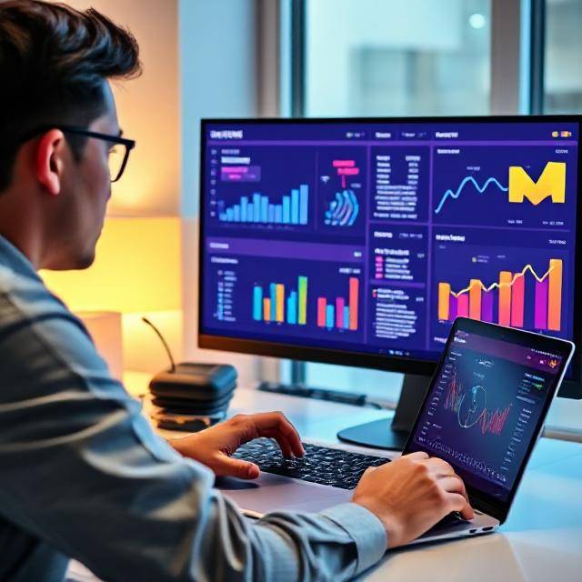 Student analyzing SEO, social media dashboards, digital ads on screen, vibrant workspace, laptop, charts, modern flat design, professional