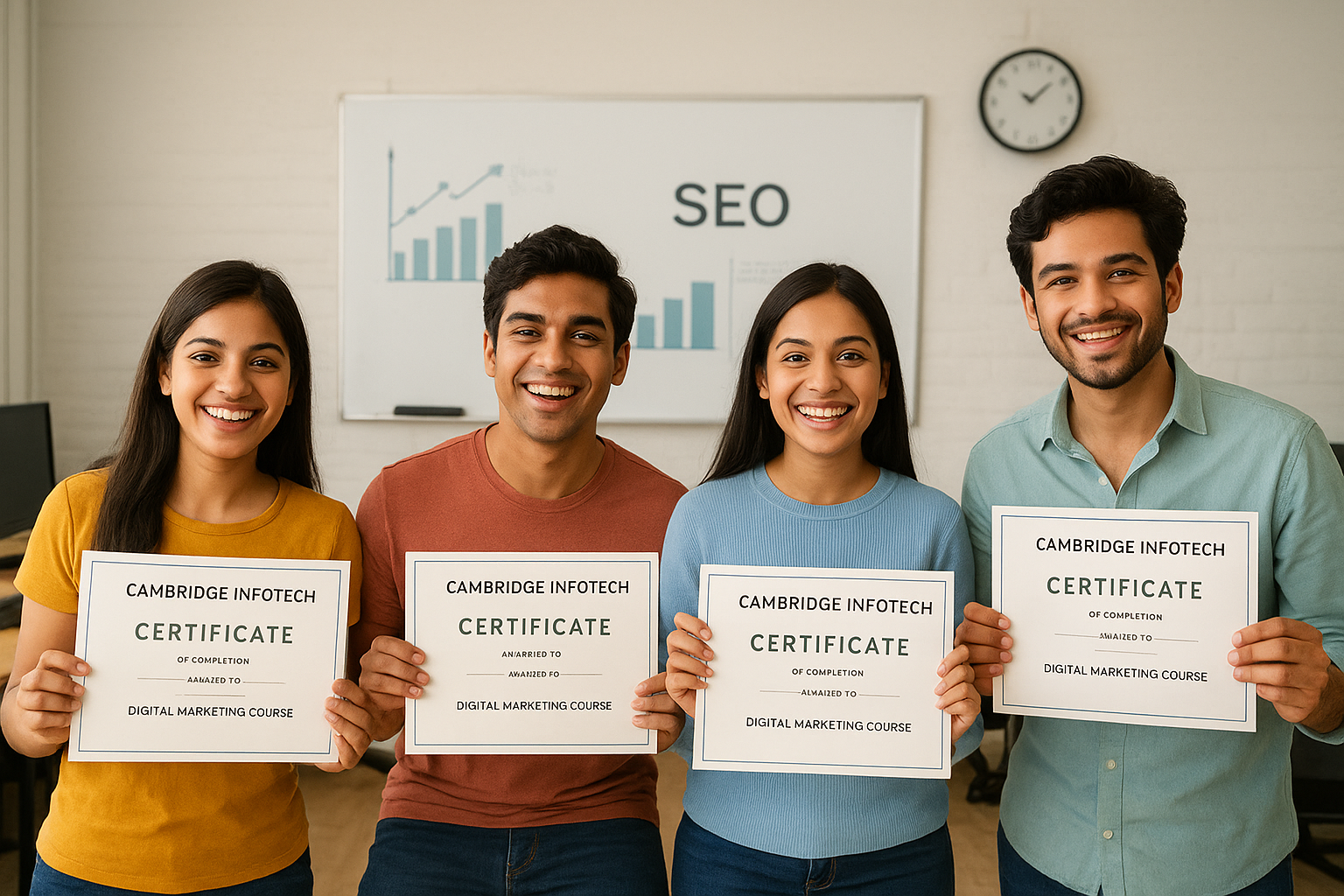 Students celebrating certification after completing online digital marketing training Bangalore