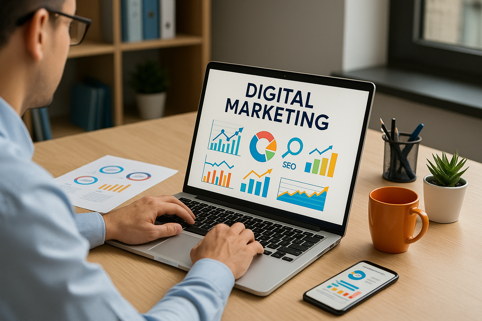 Digital marketing specialist reviewing social media analytics for brand growth.