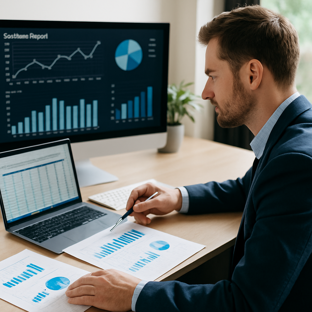 Financial analyst evaluating company performance through data and charts.