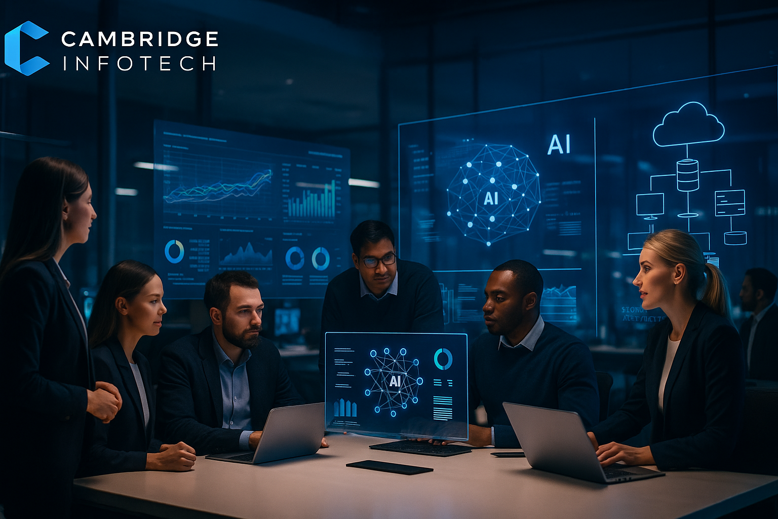 "Corporate office team collaborating using holographic AI and cloud data dashboards."