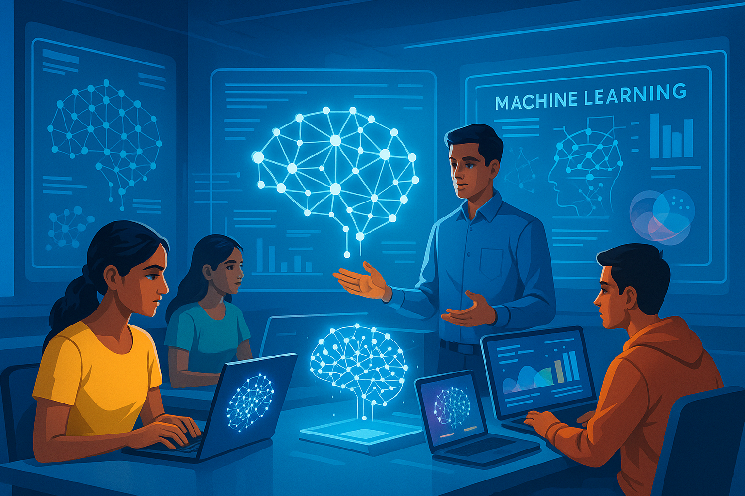 Indian students learning the Top AI Skills in 2026 using futuristic AI and ML tools.