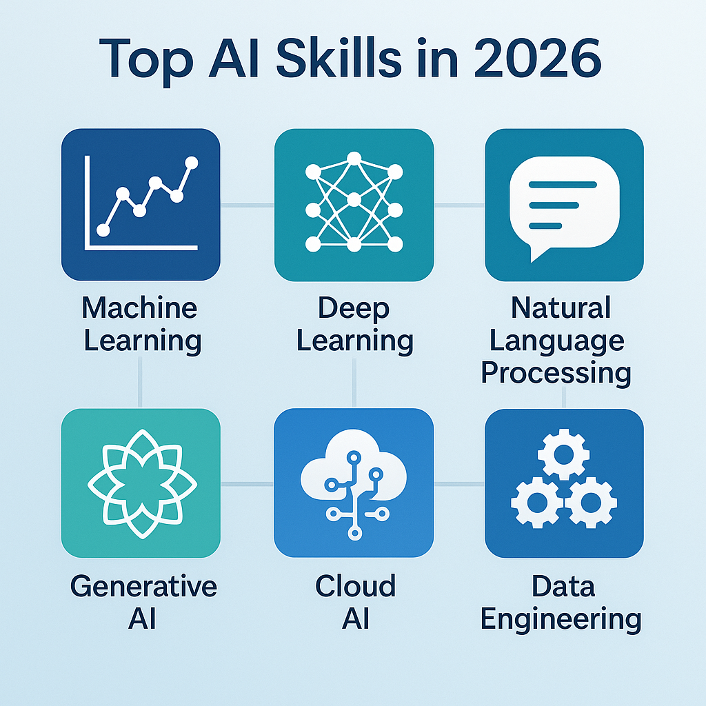 Infographic listing the Top AI Skills in 2026 with icons and modern design.