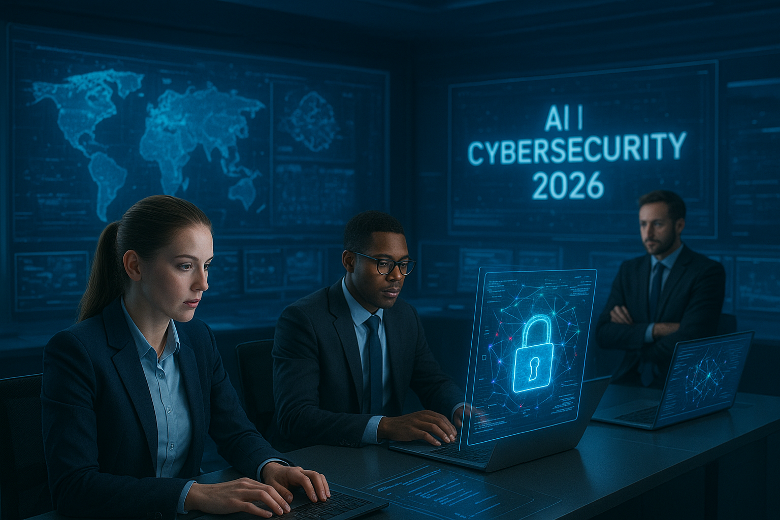 AI in Cybersecurity 2026 – Futuristic command center with AI analysts and digital threat intelligence holograms.