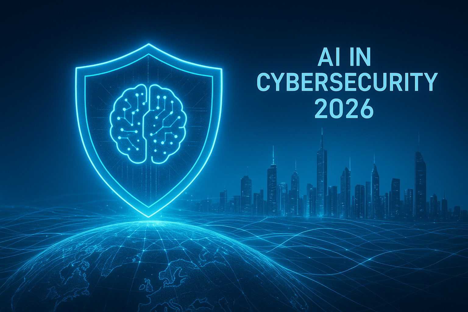 AI in Cybersecurity 2026 – Futuristic global network security shield illustration.
