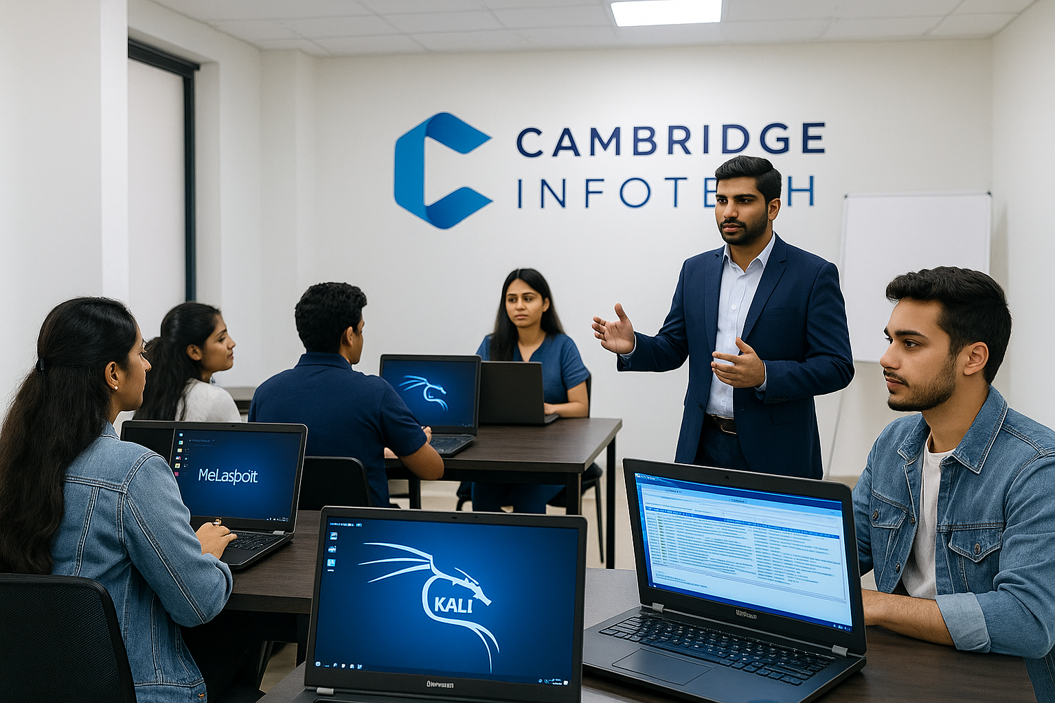 Realistic cybersecurity classroom training scene in Banaswadi with students practicing ethical hacking tools.