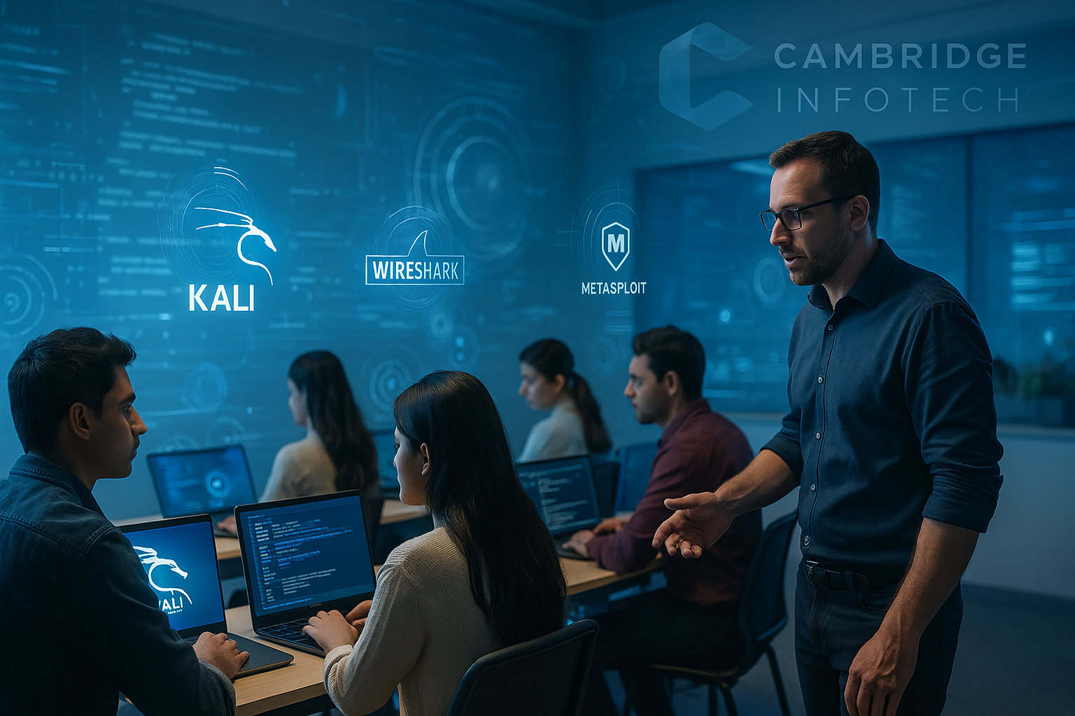 Students learning cybersecurity course in Banaswadi classroom with Kali Linux, Wireshark, Metasploit, and Nmap on laptops.