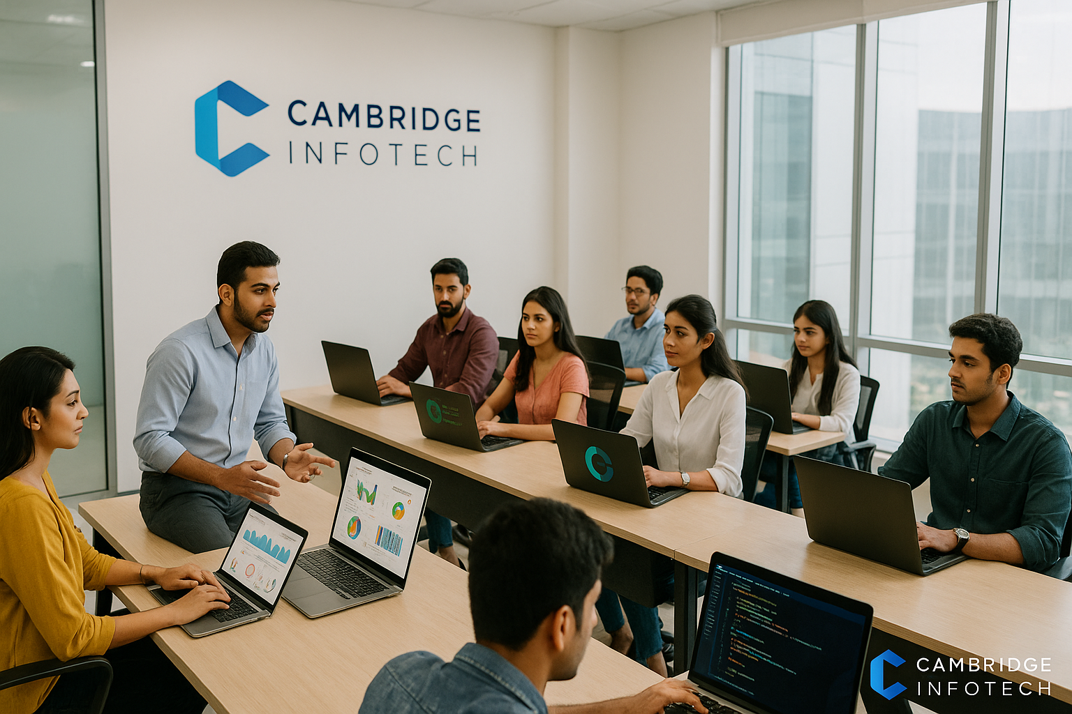 Students learning digital skills in a modern Bangalore classroom at Cambridge Infotech — representing the best short term job courses near Kalyan Nagar and Kammanahalli.