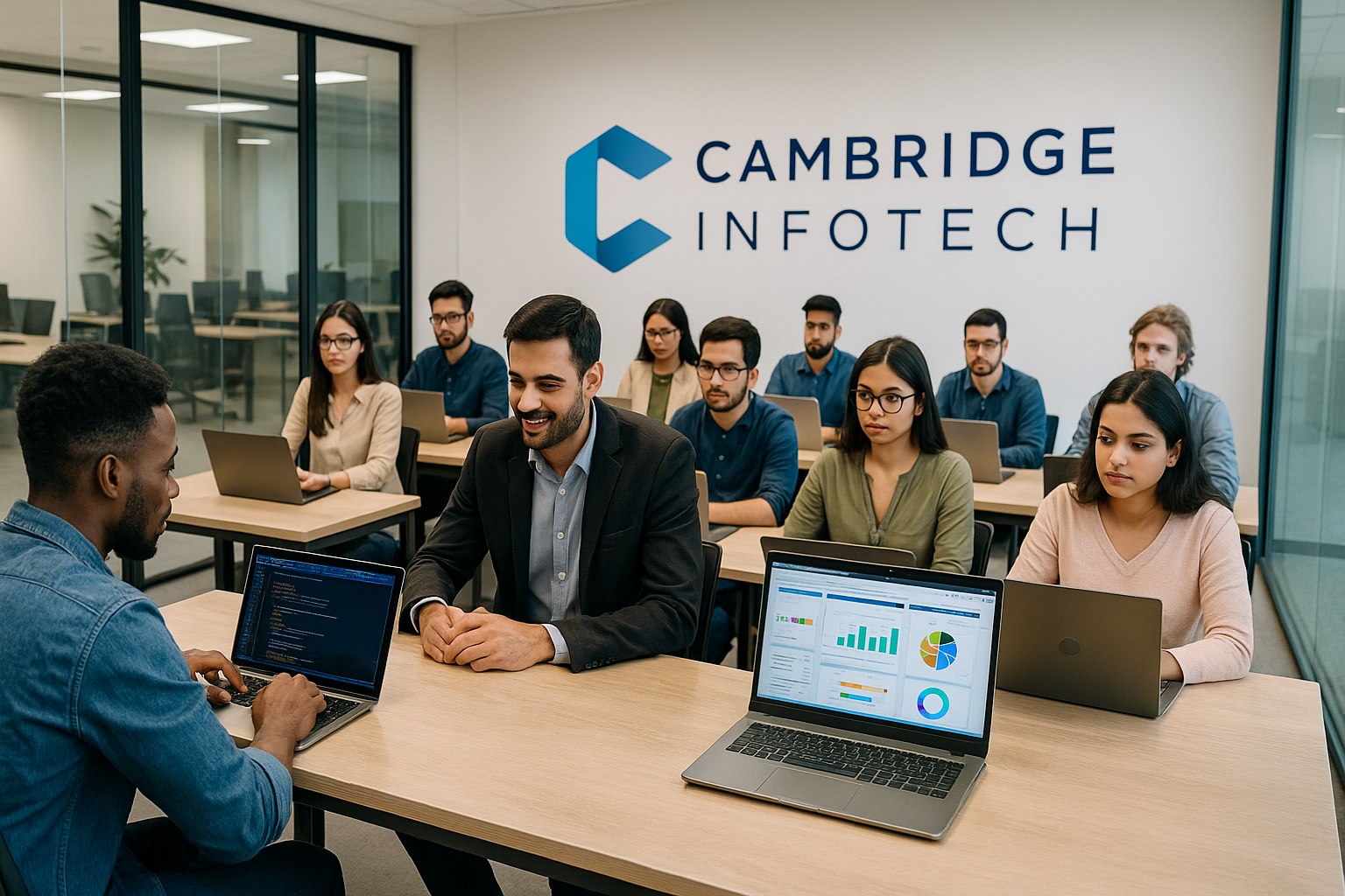 Students learning digital skills in a modern Cambridge Infotech classroom in Bangalore, representing the best short term job courses near me.