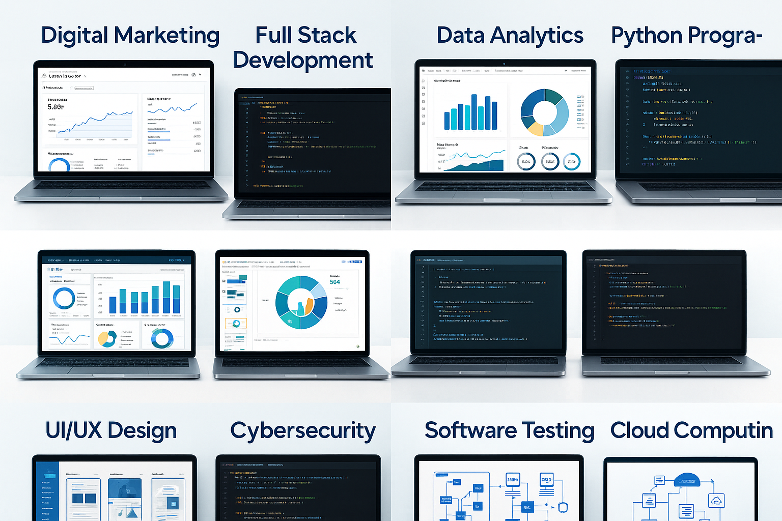Visual collage of the top short term job courses near me including digital marketing, full stack development, data analytics, Python, UI/UX, cybersecurity, software testing, and cloud computing taught at Cambridge Infotech.