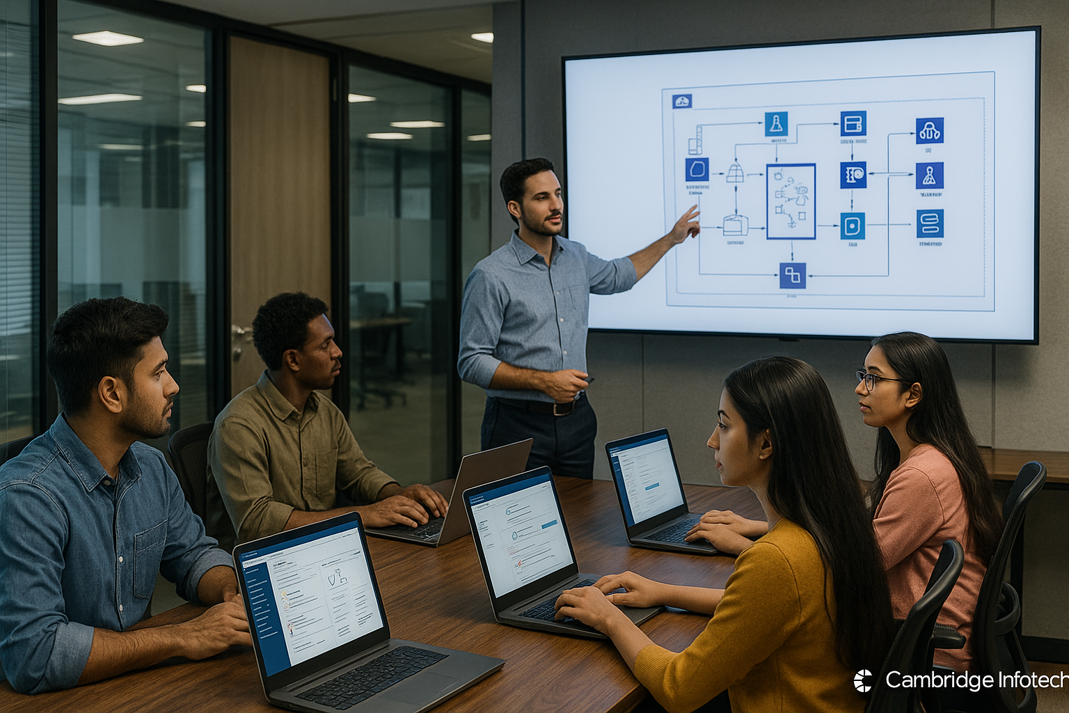 Students learning AWS cloud computing in a modern Cambridge Infotech classroom in Bangalore, representing the best AWS course in Bangalore with certification in 2026.