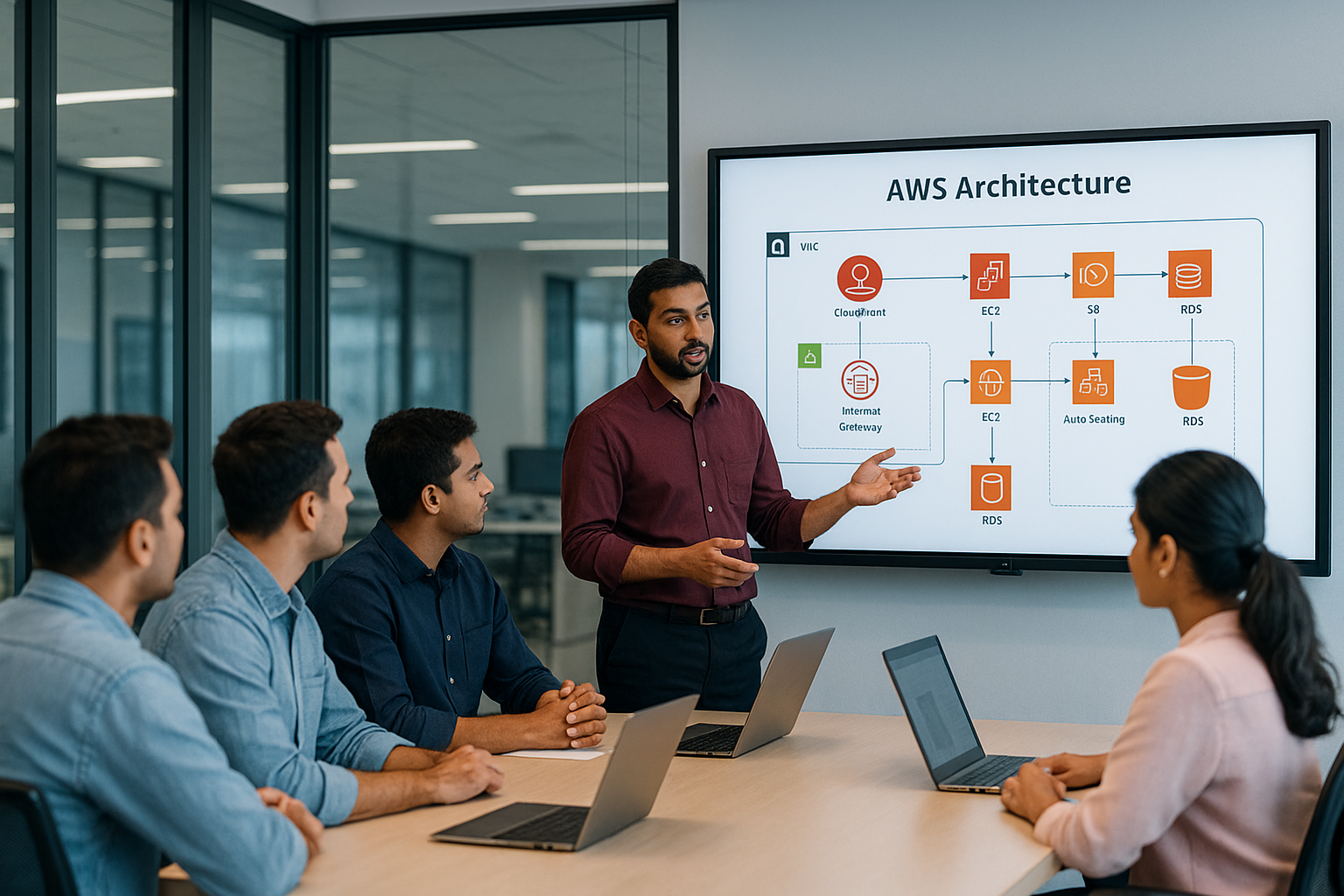 AWS cloud architecture diagram being explained to students during an AWS course in Bangalore with certification.