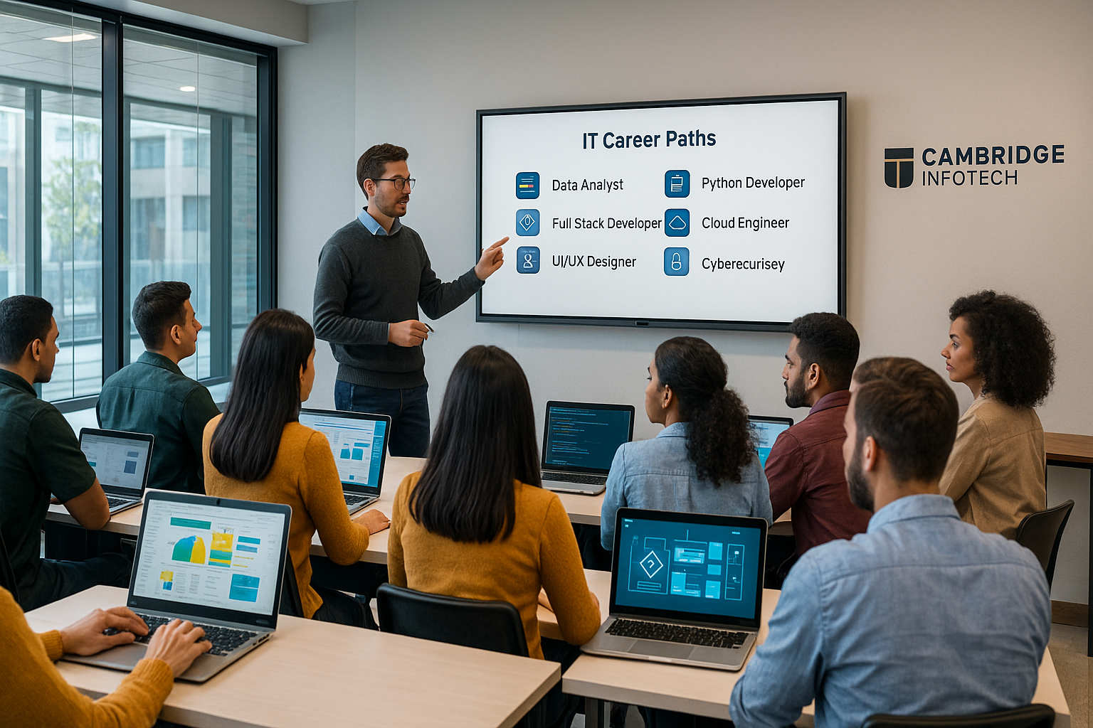 Students learning various IT courses after 12th or degree at a modern training institute in Bangalore, representing the best IT courses for freshers in 2026.