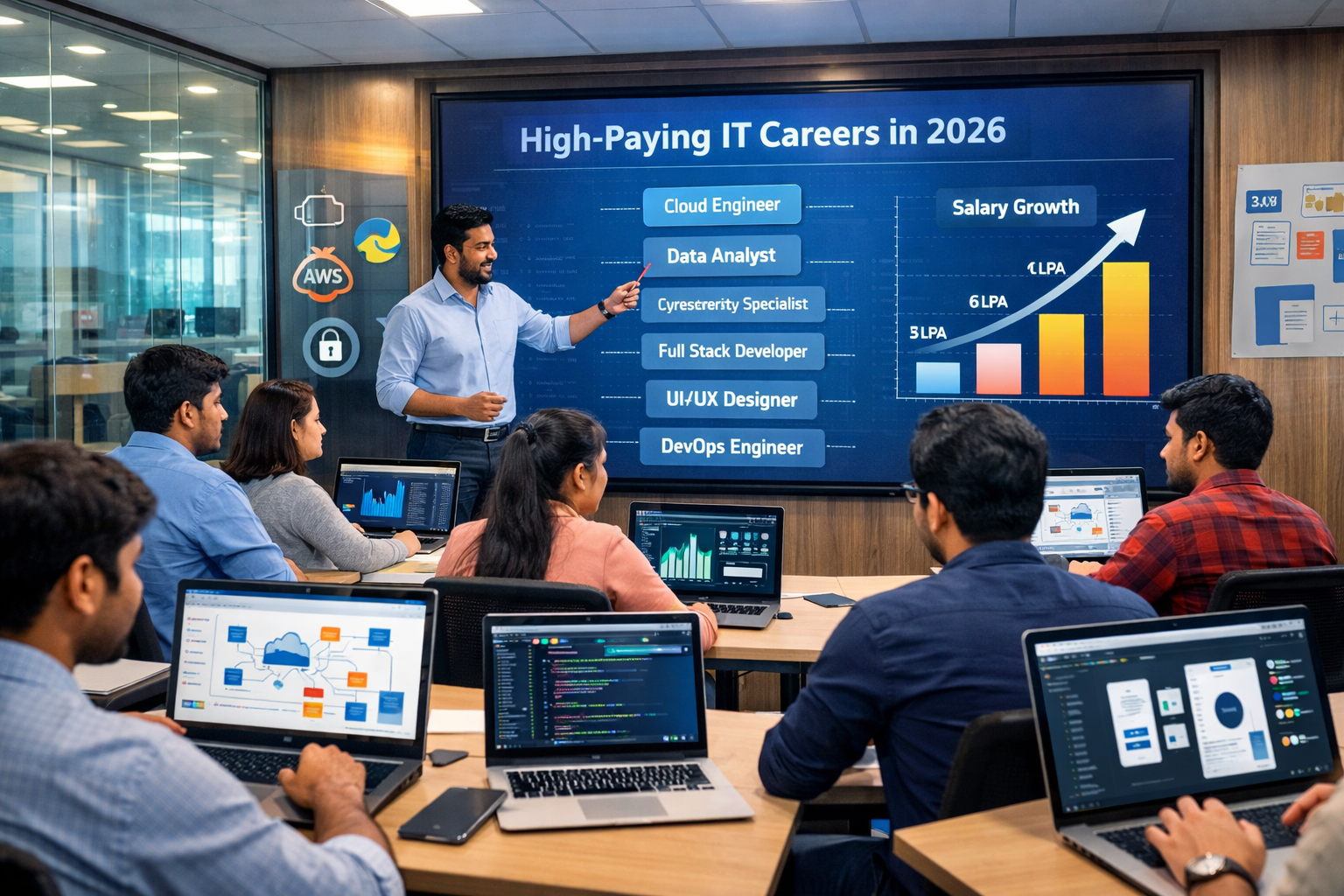 High paying IT skills in 2026 being taught to freshers in a modern Bangalore IT training institute