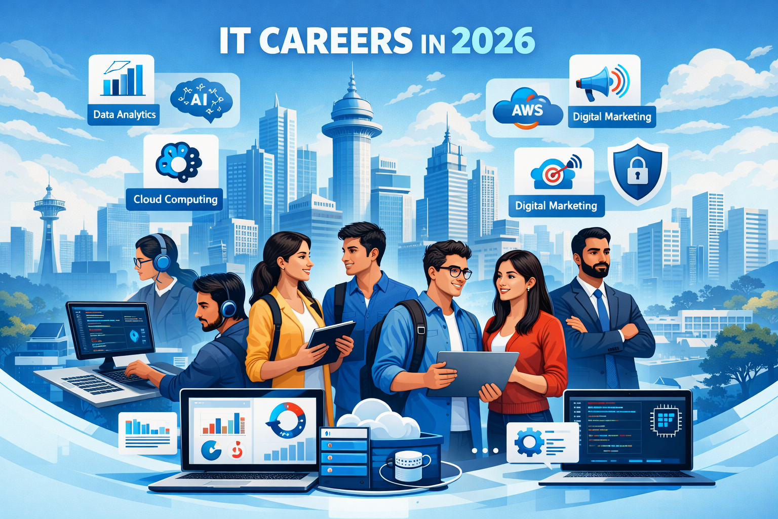 IT careers in 2026 showing job-oriented skills like data analytics, cloud computing, digital marketing, full stack development, and cybersecurity