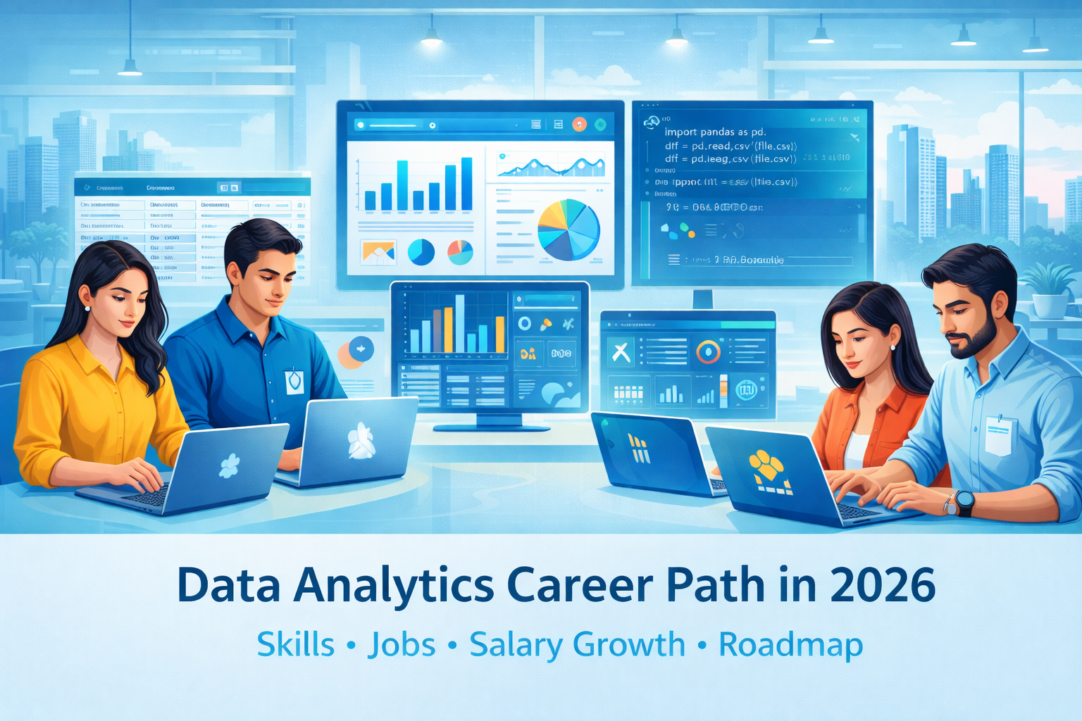 Data Analytics Career Path in 2026 showing skills, jobs, salary growth, and roadmap for freshers