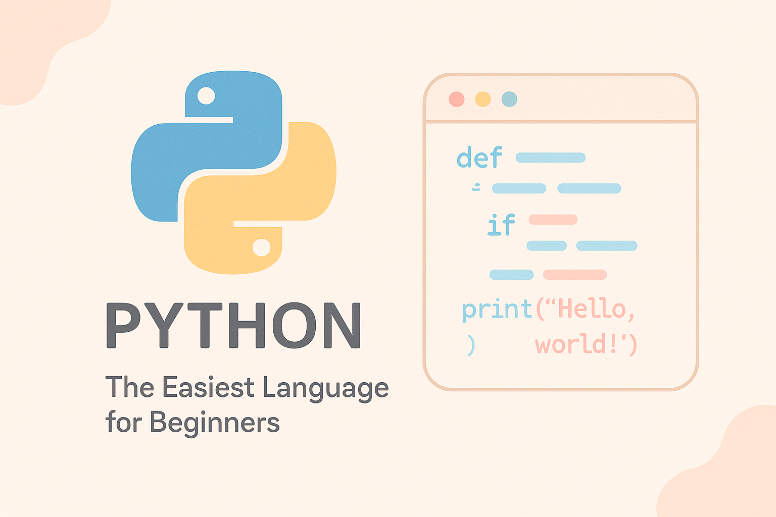 A clean and simple 2026 illustration of Python as the easiest beginner language, showing the Python logo with basic code snippets, helping viewers understand which coding language is easiest to learn in 2026.