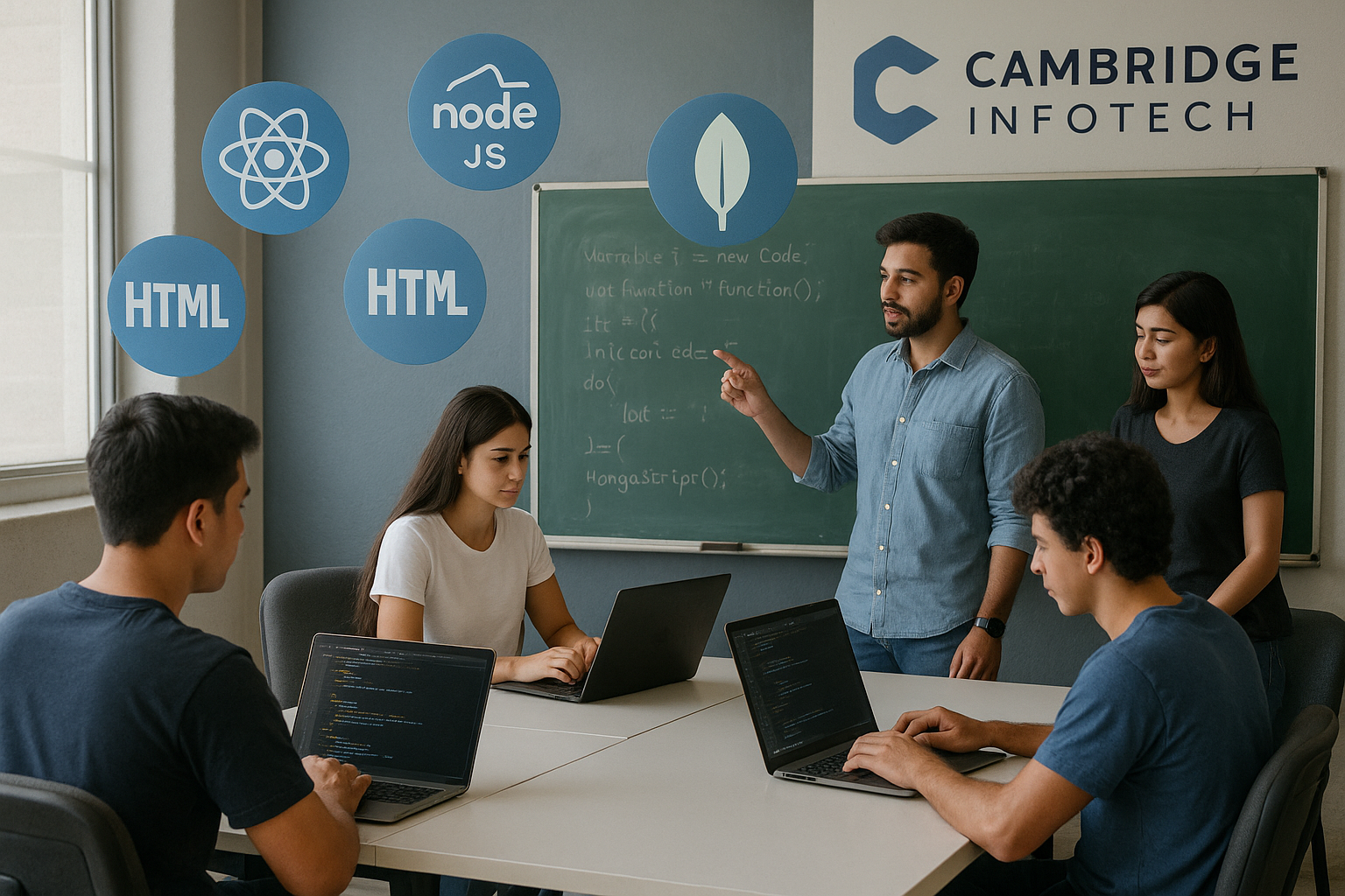 Students learning Full Stack Development in Kammanahalli with modern tools like React, Node.js, and MongoDB at Cambridge Infotech