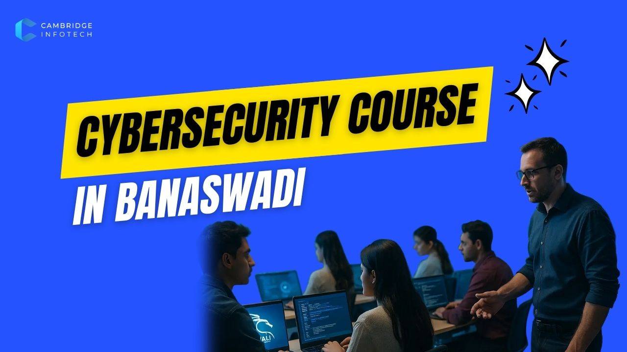 Students learning cybersecurity course in Banaswadi classroom with Kali Linux, Wireshark, Metasploit, and Nmap on laptops.