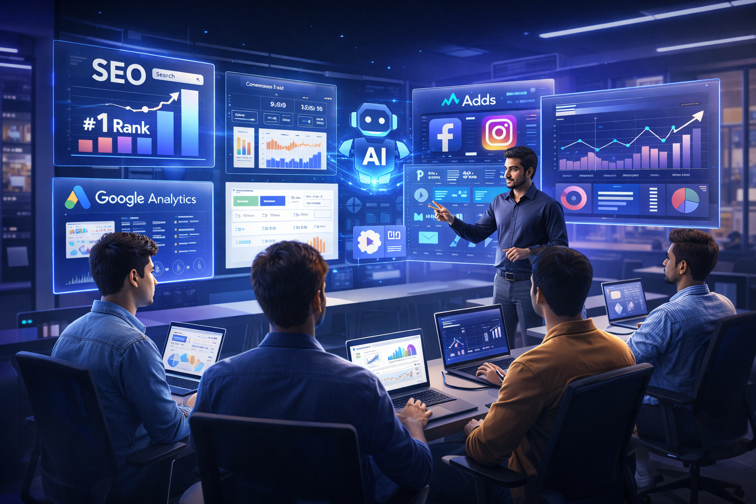 Digital Marketing Career Guide in 2026 showing SEO, paid ads, AI tools, analytics dashboards, and modern digital marketer workspace.