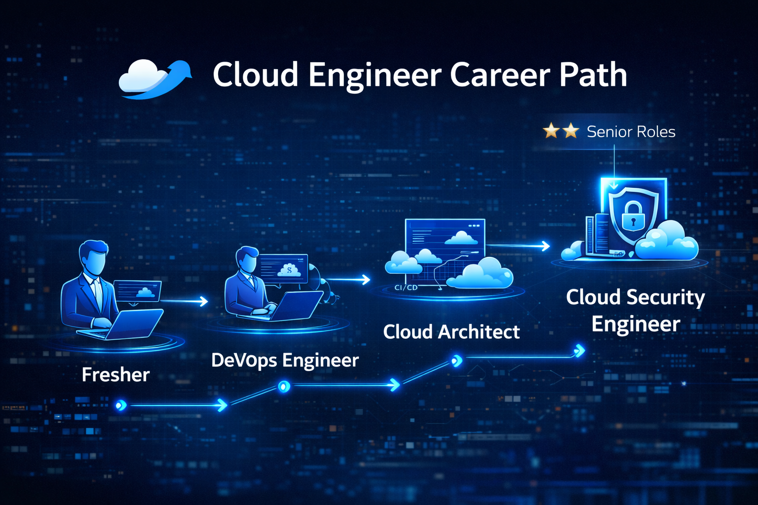 Cloud Computing Career in 2026 showing a cloud engineer working with AWS, Azure and DevOps tools in a futuristic tech environment