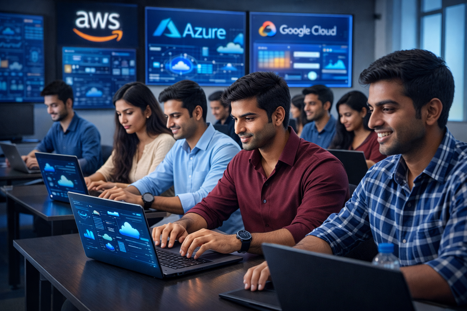 Cloud computing jobs for freshers in 2026 with students learning AWS and cloud skills