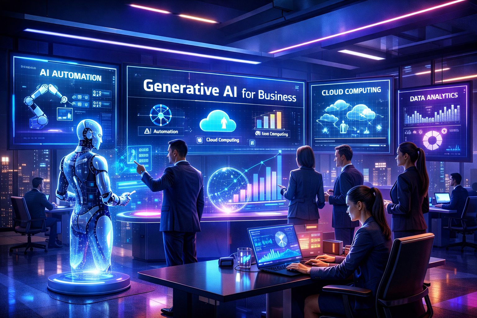 Generative AI for Business in 2026 showing futuristic office, AI automation, digital workforce, cloud computing, and business transformation.