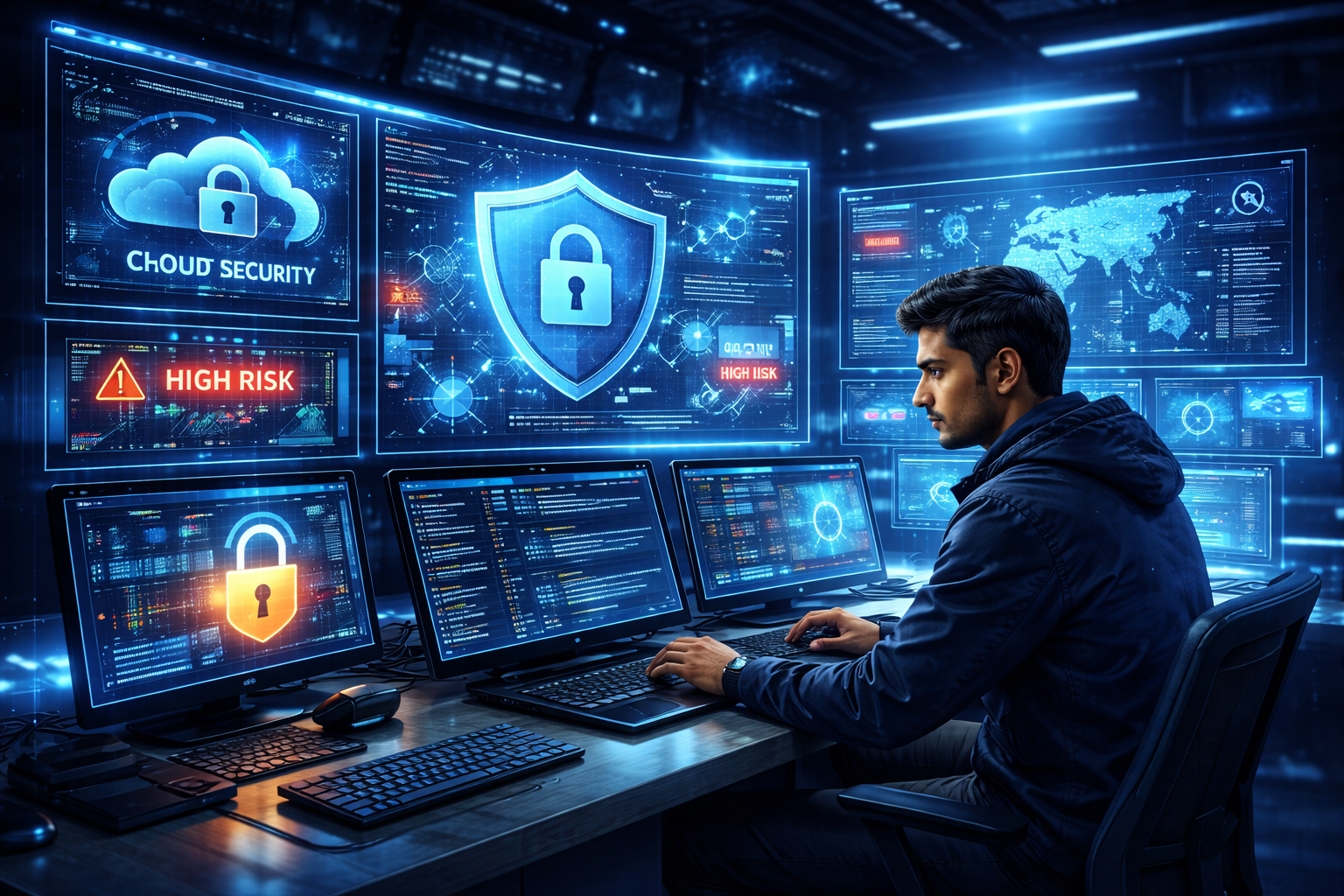 Cybersecurity Career Path in 2026 showing a SOC analyst monitoring cyber threats and security dashboards
