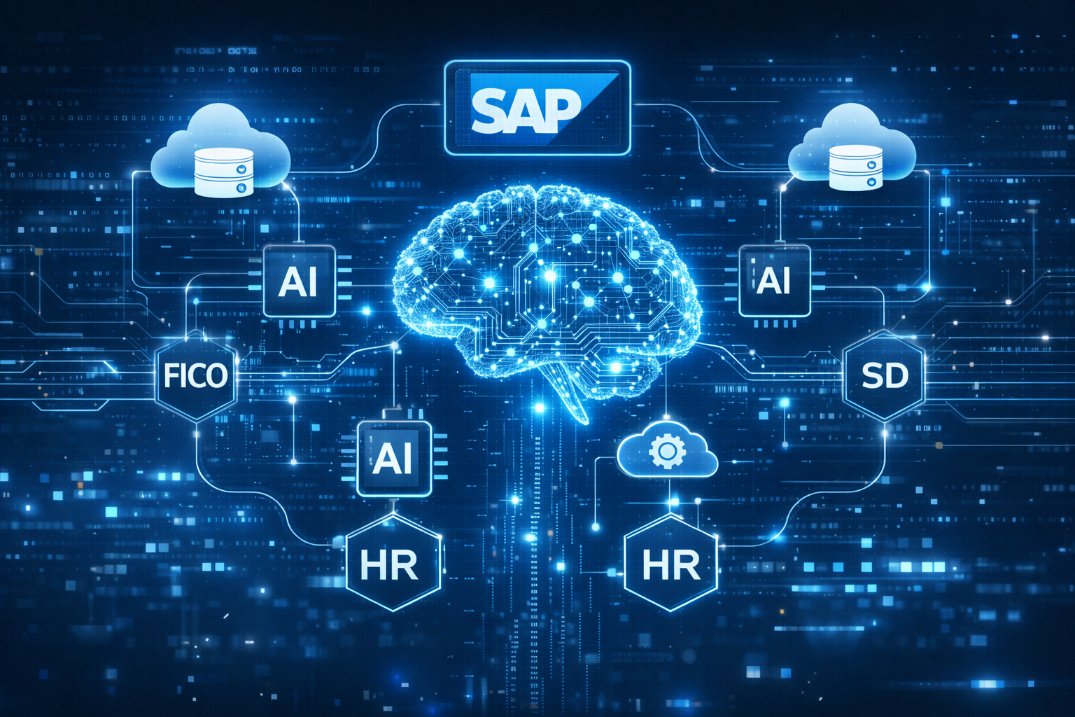 Illustration of SAP ecosystem integrated with artificial intelligence and machine learning technologies.