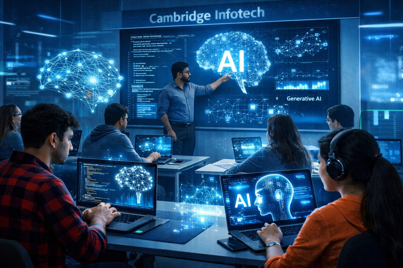 AI course in Bangalore classroom with students learning Artificial Intelligence, Machine Learning, and Generative AI using advanced computers and digital technology at Cambridge Infotech.