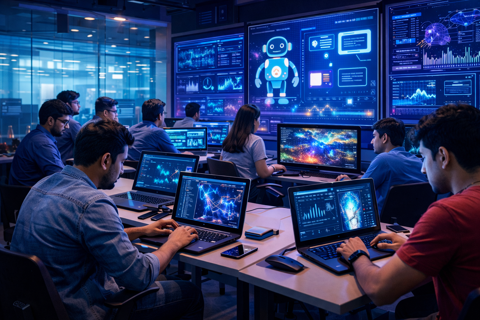 Students working on real-time AI projects during an AI course in Bangalore using machine learning, data science, and generative AI tools.