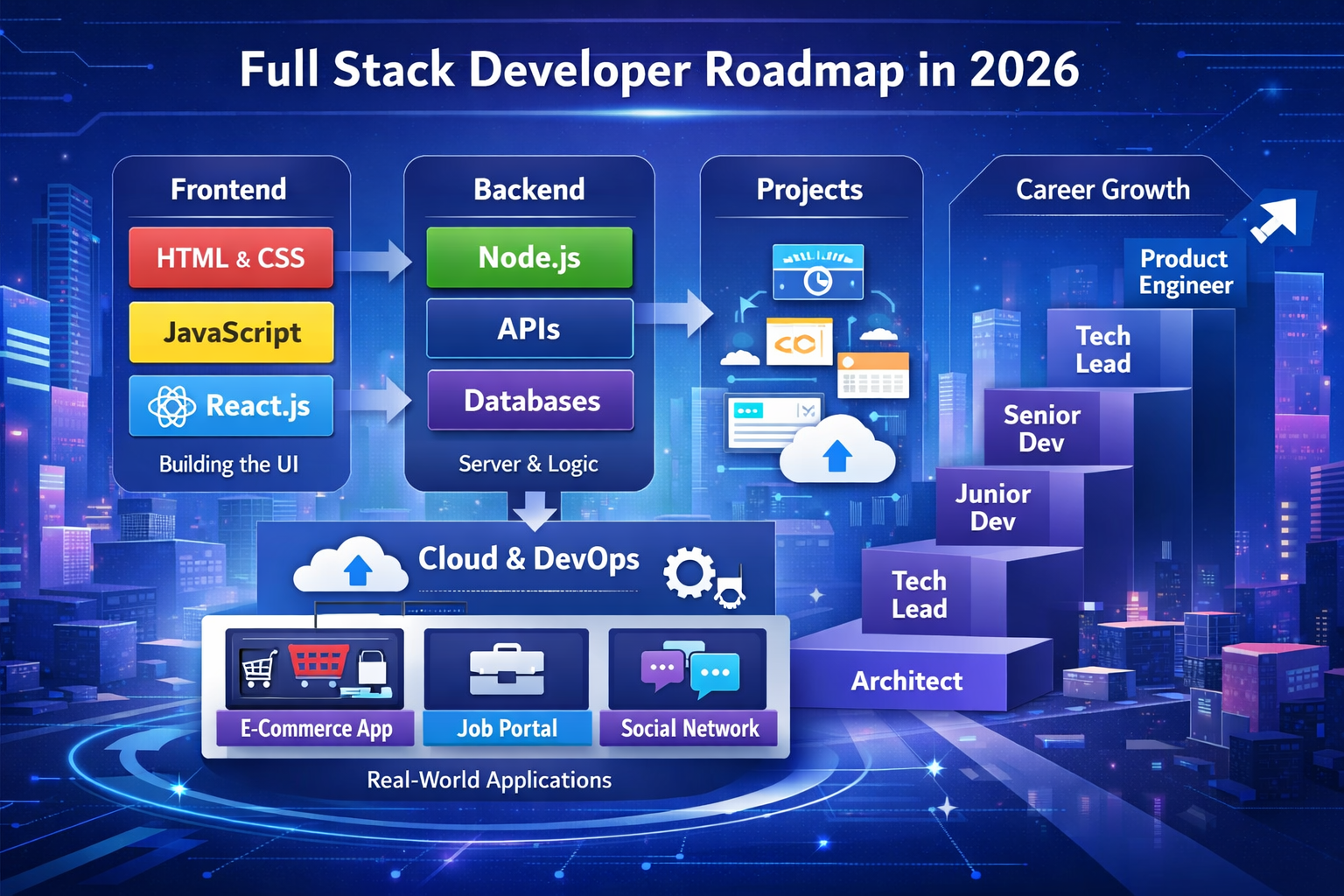 Full Stack Developer Roadmap in 2026 showing frontend, backend, databases, cloud deployment, projects, and career growth