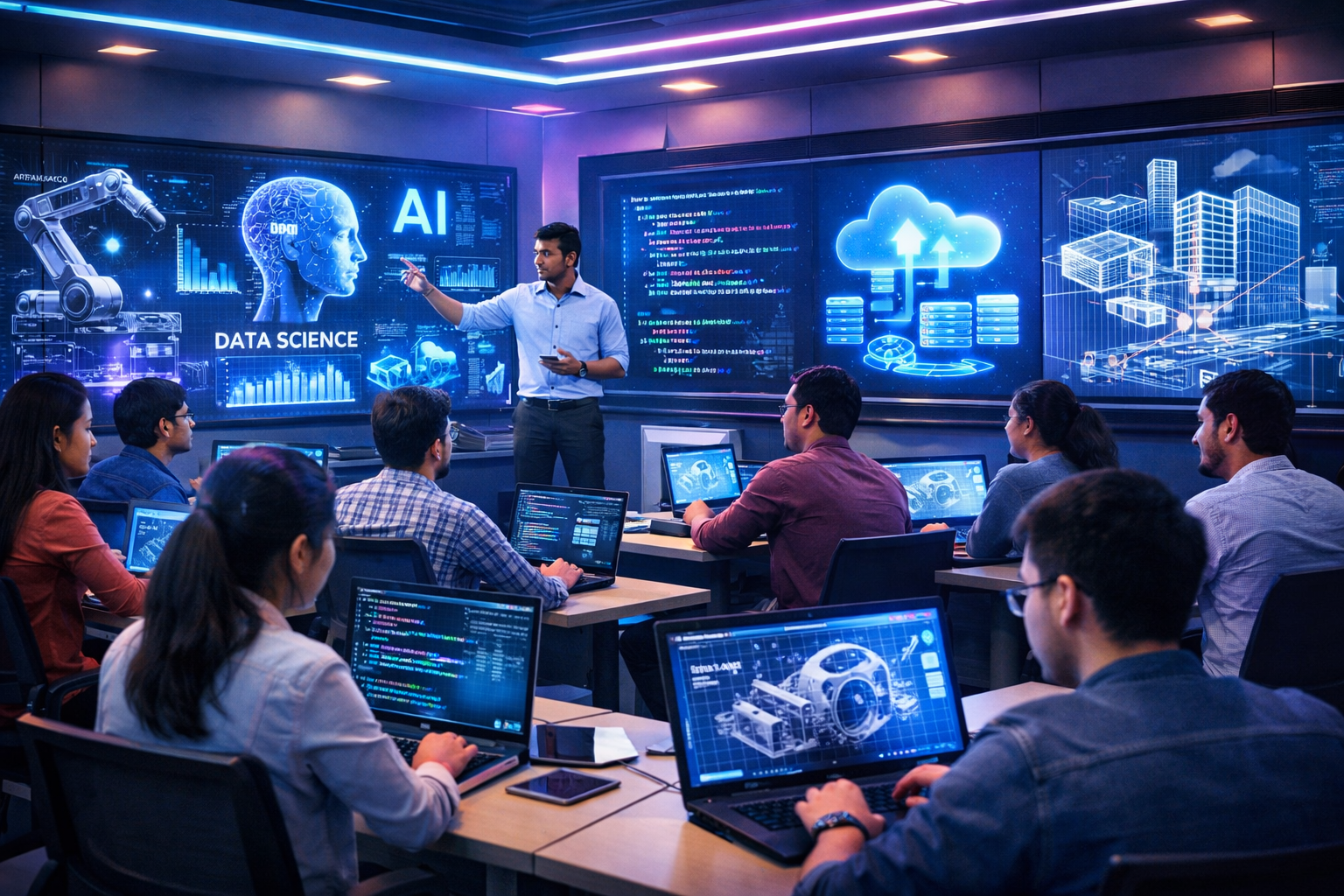 Engineering courses in Bangalore at Cambridge Infotech with students learning AI, Data Science, Software, Cloud and core engineering technologies in a modern training classroom.