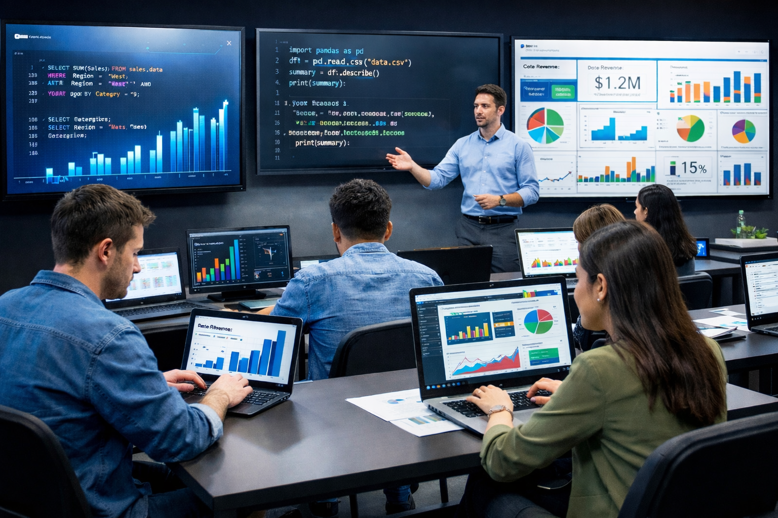 Students practicing Data Analytics with SQL, Python, and Power BI dashboards in a modern classroom at Cambridge Infotech
