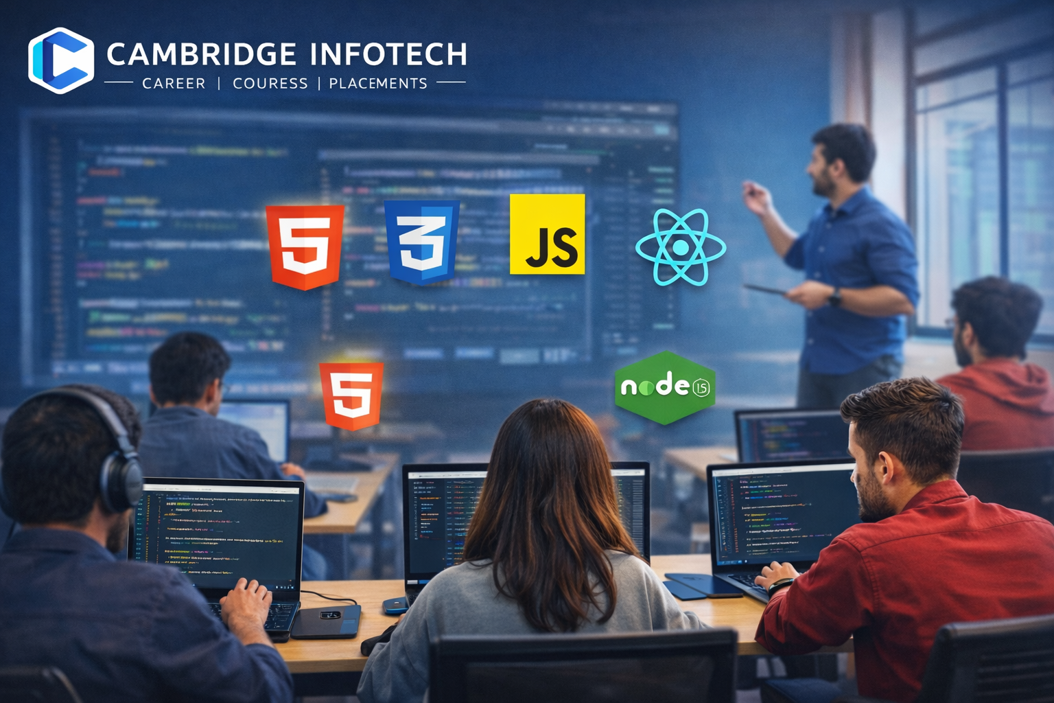 Web development interview questions and answers training session at Cambridge Infotech with students learning HTML, CSS, JavaScript, React, and Node.js.