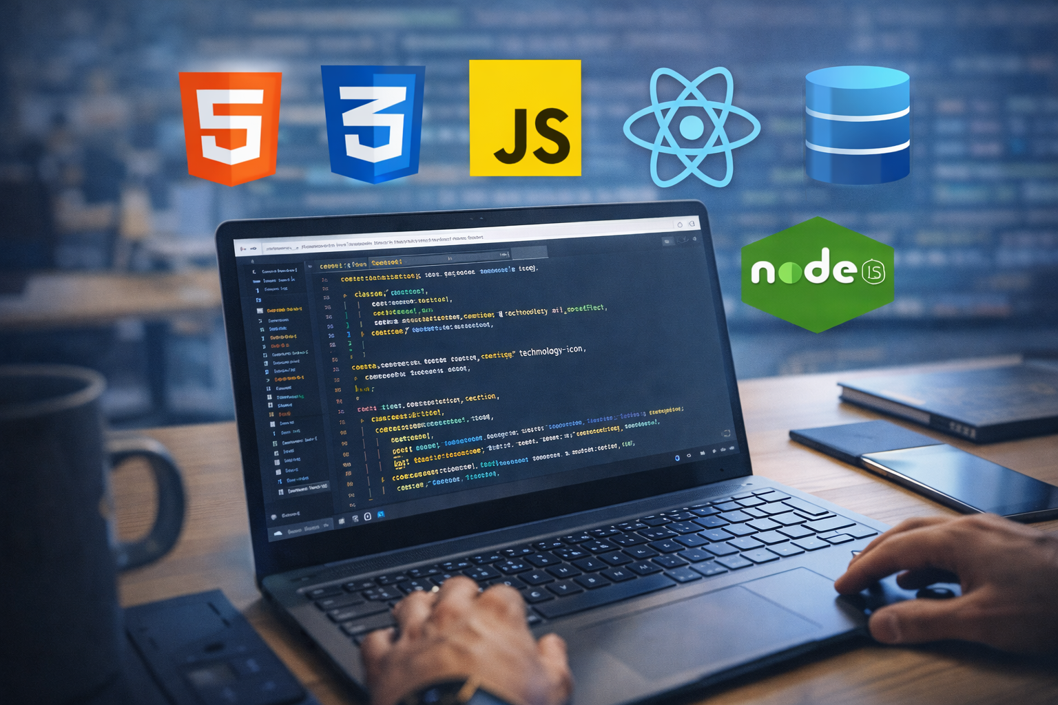 Web developer interview preparation showing coding workspace with HTML, CSS, JavaScript, React, and Node.js technologies.