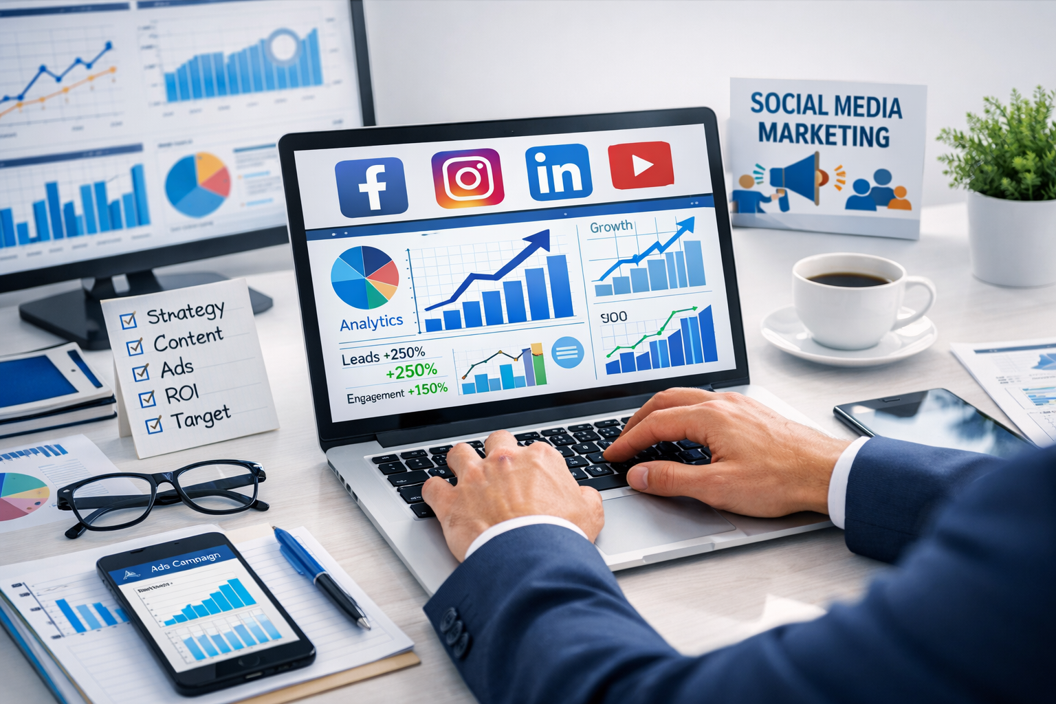 Social Media Marketing course strategy showing social media icons, analytics dashboard, and business growth concept